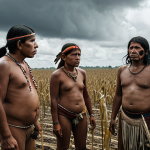 **A group of Indigenous people from the Amazon standing in front of a dying crop field, looking distressed. Overcast sky, evidence of altered weather patterns.** (Focus: Indigenous community impacted by climate engineering)