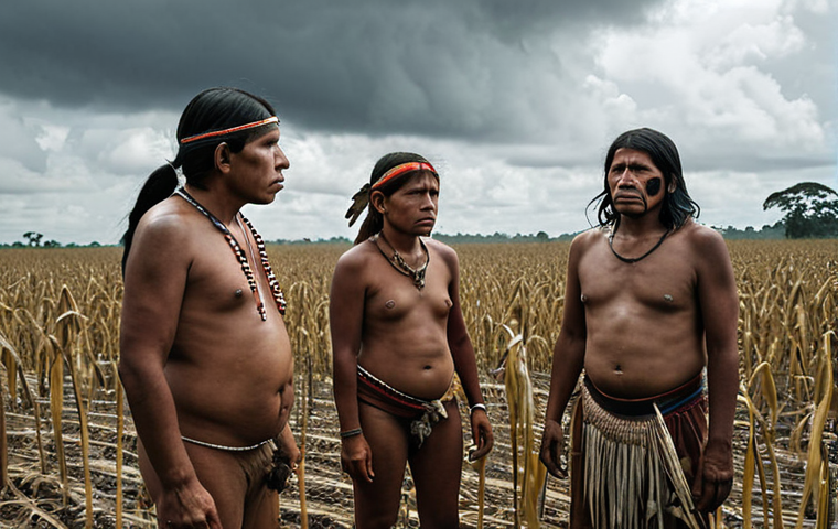 **A group of Indigenous people from the Amazon standing in front of a dying crop field, looking distressed. Overcast sky, evidence of altered weather patterns.** (Focus: Indigenous community impacted by climate engineering)