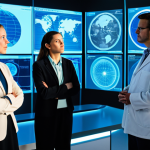 A group of professional climate scientists, fully clothed in modest business attire, are gathered around a holographic projection displaying intricate global atmospheric models and geoengineering simulations. They are engaged in a serious, thoughtful discussion, with natural poses and correct proportions. The setting is a pristine, high-tech research laboratory, featuring sleek, modern design and advanced digital displays. The lighting is bright and clean, emphasizing scientific rigor. The image has perfect anatomy, well-formed hands, proper finger count, natural body proportions, professional photography, high detail, appropriate content, safe for work, and is family-friendly.