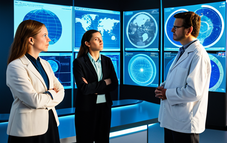 A group of professional climate scientists, fully clothed in modest business attire, are gathered around a holographic projection displaying intricate global atmospheric models and geoengineering simulations. They are engaged in a serious, thoughtful discussion, with natural poses and correct proportions. The setting is a pristine, high-tech research laboratory, featuring sleek, modern design and advanced digital displays. The lighting is bright and clean, emphasizing scientific rigor. The image has perfect anatomy, well-formed hands, proper finger count, natural body proportions, professional photography, high detail, appropriate content, safe for work, and is family-friendly.