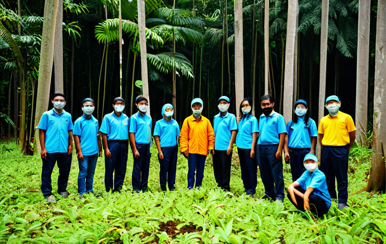 **Prompt:** A diverse group of Malaysians planting trees in a reforested area, wearing appropriate outdoor attire, showcasing the beauty of the Malaysian rainforest, optimistic atmosphere, promoting environmental conservation, safe for work, appropriate content, fully clothed, modest, professional photography, perfect anatomy, natural proportions.